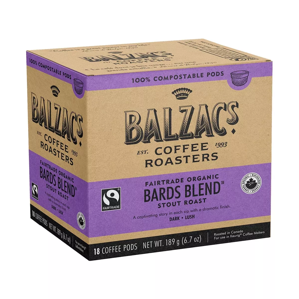 Balzac's Bard's Blend 100% Compostable Keurig Coffee Pods, 18 Pack