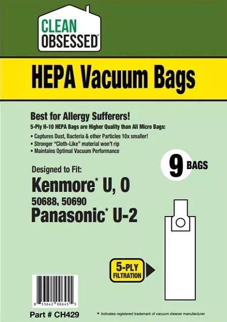 Clean Obsessed Kenmore Type U O HEPA Vacuum Bags - 9 Pack