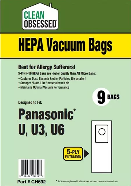 Clean Obsessed Panasonic Type U HEPA Vacuum Bags - 9 Pack