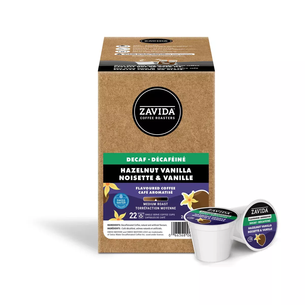 Zavida Decaf Hazelnut Vanilla Single Serve Coffee, 22 Pack